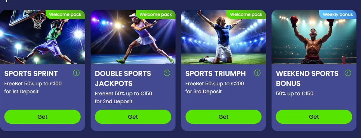 Four sports bonus promo cards show athletes under stadium lights with “Welcome pack” and “Weekly bonus” tags, FreeBet offers up to €100/€150/€200, and green “Get” buttons.
