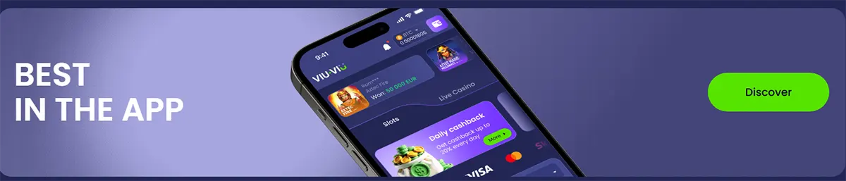 Wide purple gradient banner featuring the text “Best in the App,” an angled smartphone showing the casino app interface, and a bright green “Discover” button on the right.