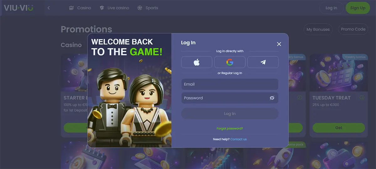 Login pop-up with “Welcome back to the game” headline, LEGO-style couple artwork, social login buttons, and email/password fields over a blurred promotions page background.